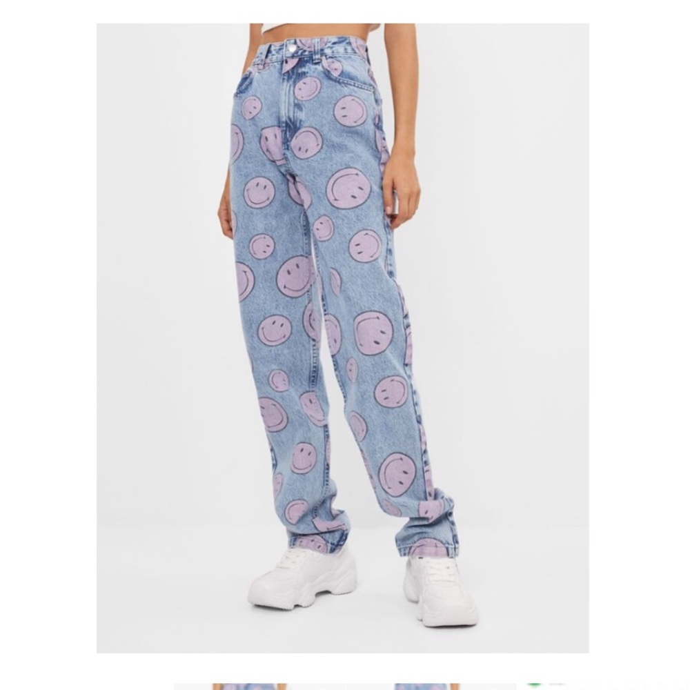Bershka smile smiley face print straight leg jeans